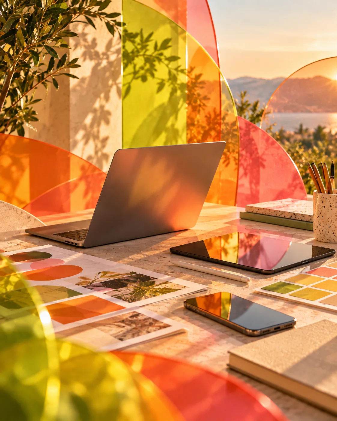 Mesa de criação digital com notebook, cadernos e referências de identidade