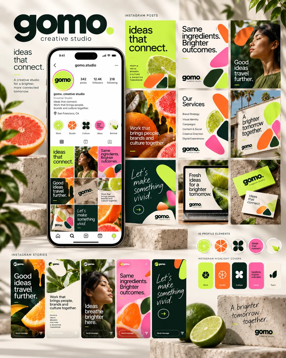 Estudo de posts e identidade social da gomo. em verde-lima, laranja, rosa e verde-escuro
