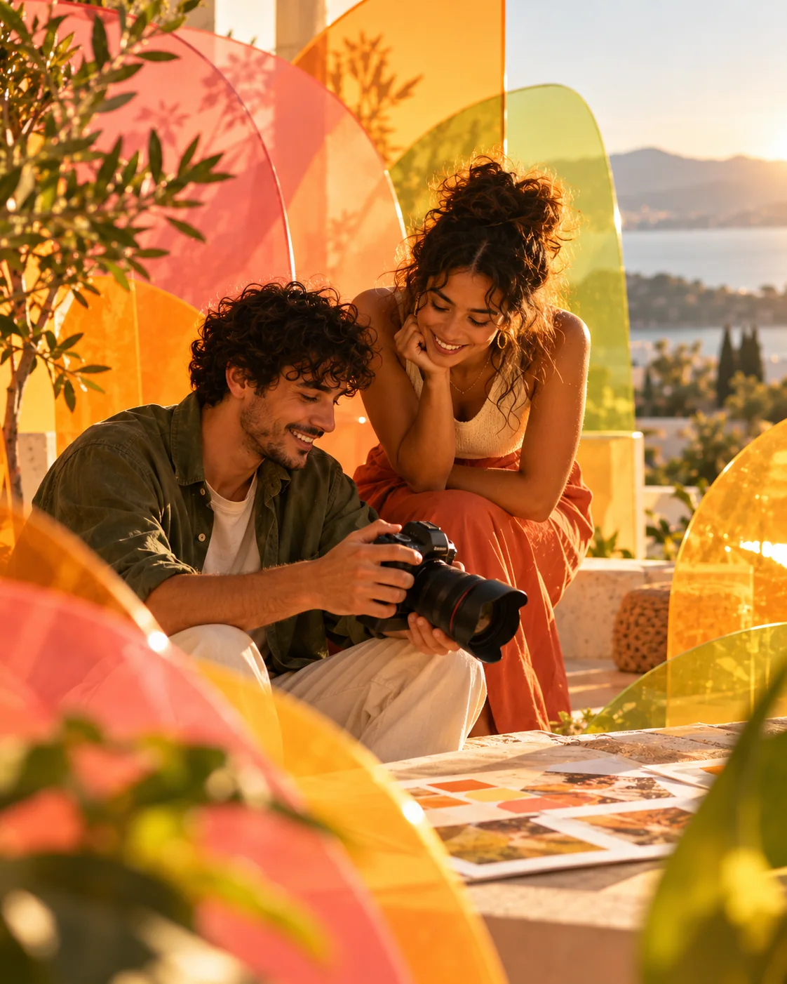 Pessoas fotografando e trabalhando juntas ao pôr do sol
